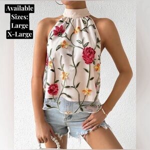 NIP-Floral Embroidered Mesh Halter Top